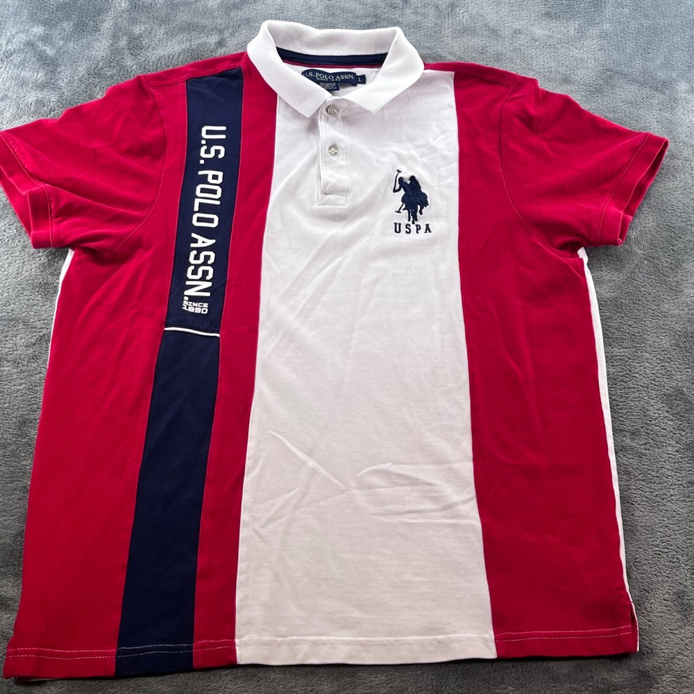 US Polo Assn Mens Red White Blue Colorblock Logo Polo Shirt Large 11357488